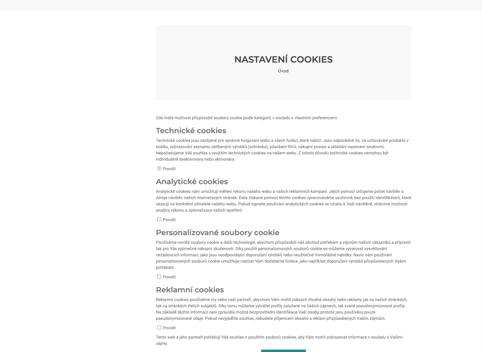 Stránka s nastavením cookies